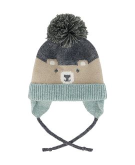Deux Par Deux Deux par Deux Boys' Teddy Bear Face Earflap Winter Knit Hat with Chin Ties