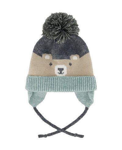 Deux Par Deux Deux par Deux Boys' Teddy Bear Face Earflap Winter Knit Hat with Chin Ties