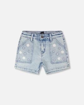 Deux par Deux Deux par Deux Embroidered Daisies Denim Shorts