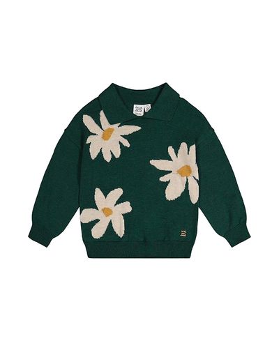 Deux Par Deux Deux par Deux Girls' Knitted Daisy Jacquard Shirt Collar Sweater
