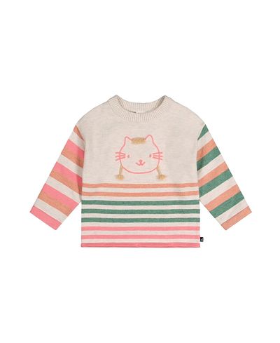 Deux Par Deux Deux par Deux Girls' Knitted Stripe Sleeve Cat AppliquA Sweater