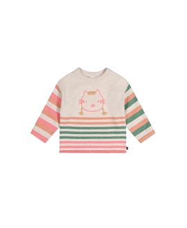 Deux Par Deux Deux par Deux Girls' Knitted Stripe Sleeve Cat Applique Sweater