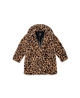 Deux Par Deux Deux par Deux Girls' Leopard Faux Fur Button Front Side Pocket Long Coat