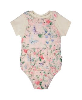 Deux Par Deux Deux par Deux Girls' Organic Cotton Jersey Onesie and Printed Berries Muslin Overall Set