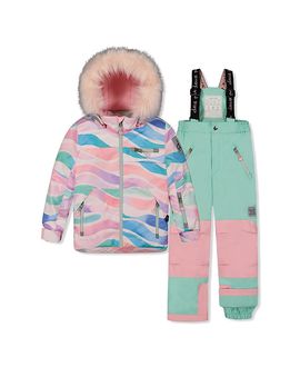 Deux Par Deux Deux par Deux Girls' Play Line Print Faux Fur Hood Jacket & Pants Two Piece Snowsuit