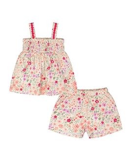 Deux Par Deux Deux par Deux Girls' Tank Top with Smocking and Flowers Shorts Set in Muslin