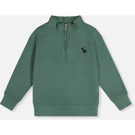 Deux par Deux Deux par Deux Half Zip Mock Neck Brushed Knit Deer Graphic Sweater