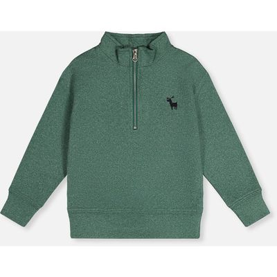 Deux par Deux Deux par Deux Half Zip Mock Neck Brushed Knit Deer Graphic Sweater