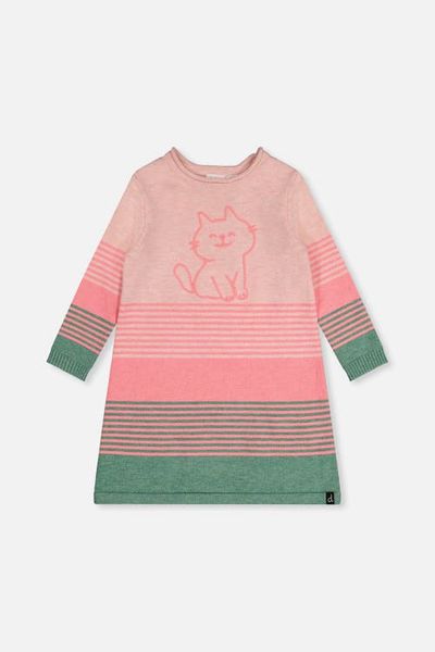 Deux par Deux Deux par Deux Knitted Stripe Cat Appliqué A-Line Dress
