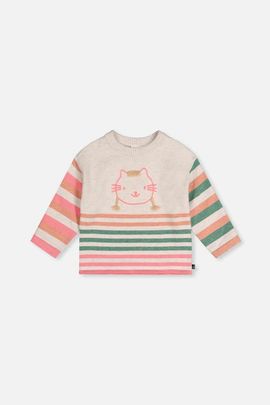 Deux par Deux Deux par Deux Knitted Stripe Sleeve Cat Appliqué Sweater