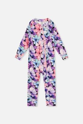 Deux par Deux Deux par Deux One Piece Floral Fleece Asymmetric Zipper Thermal Underwear