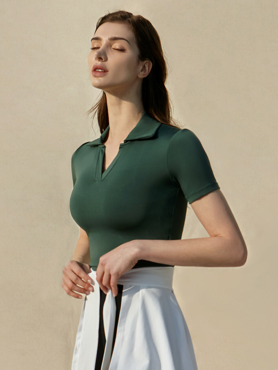 DEVIWEAR Air Fit Collar Crop Short Sleeved Top (Deep Green)