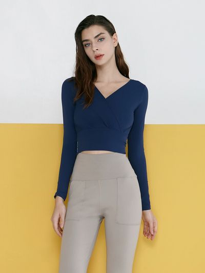 DEVIWEAR V Neck Long Sleeve Crop Top (Navy)