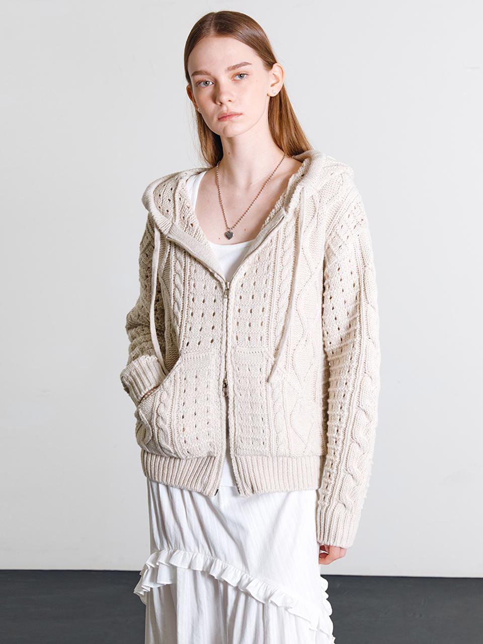 DEW E DEW E Lambs Wool Cable Knit Hoodie Cardigan [Ivory]