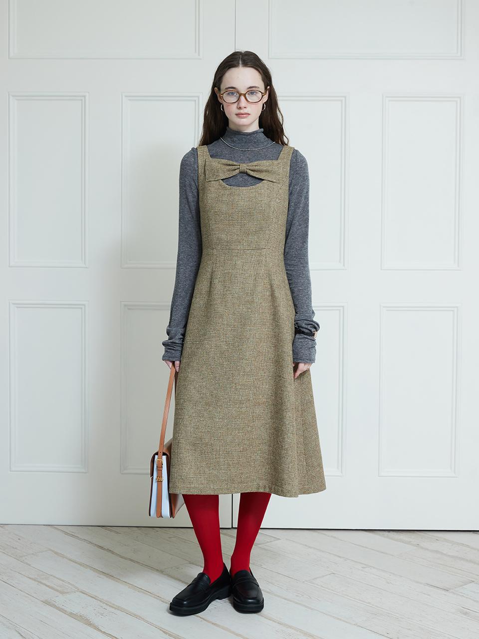 DEW E DEW E Ribbon Bustier Flare Wool Blend Dress [Brown]