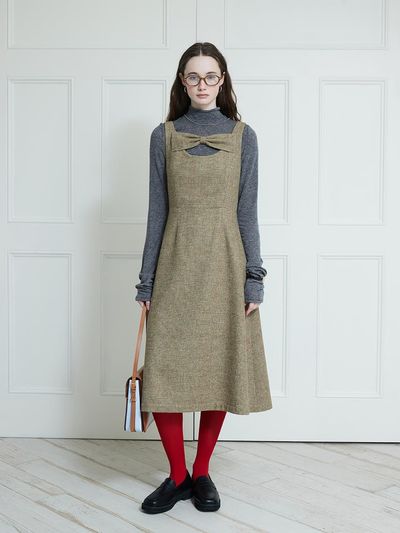 DEW E DEW E Ribbon Bustier Flare Wool Blend Dress [Brown]