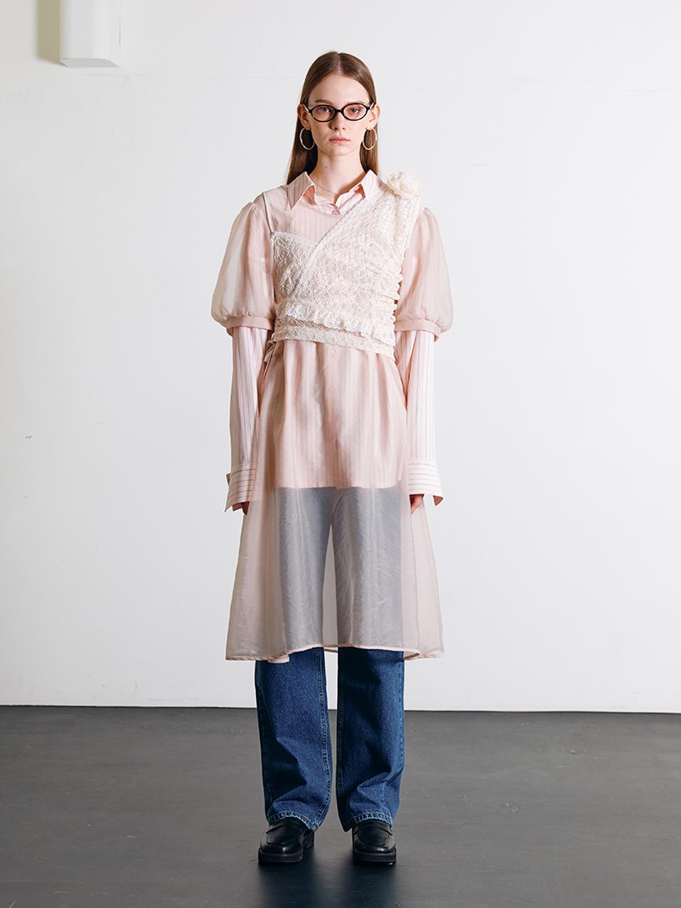 DEW E DEW E See-through Organza Puff Sleeve Dress [Beige]