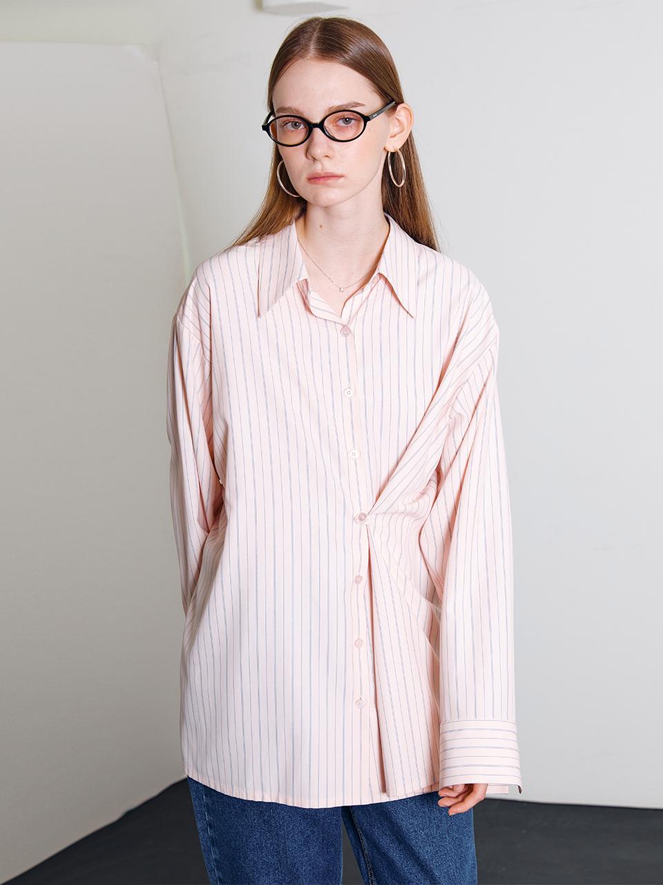 DEW E DEW E Waist Button Striped Semi-Oversized Shirt [Pink]