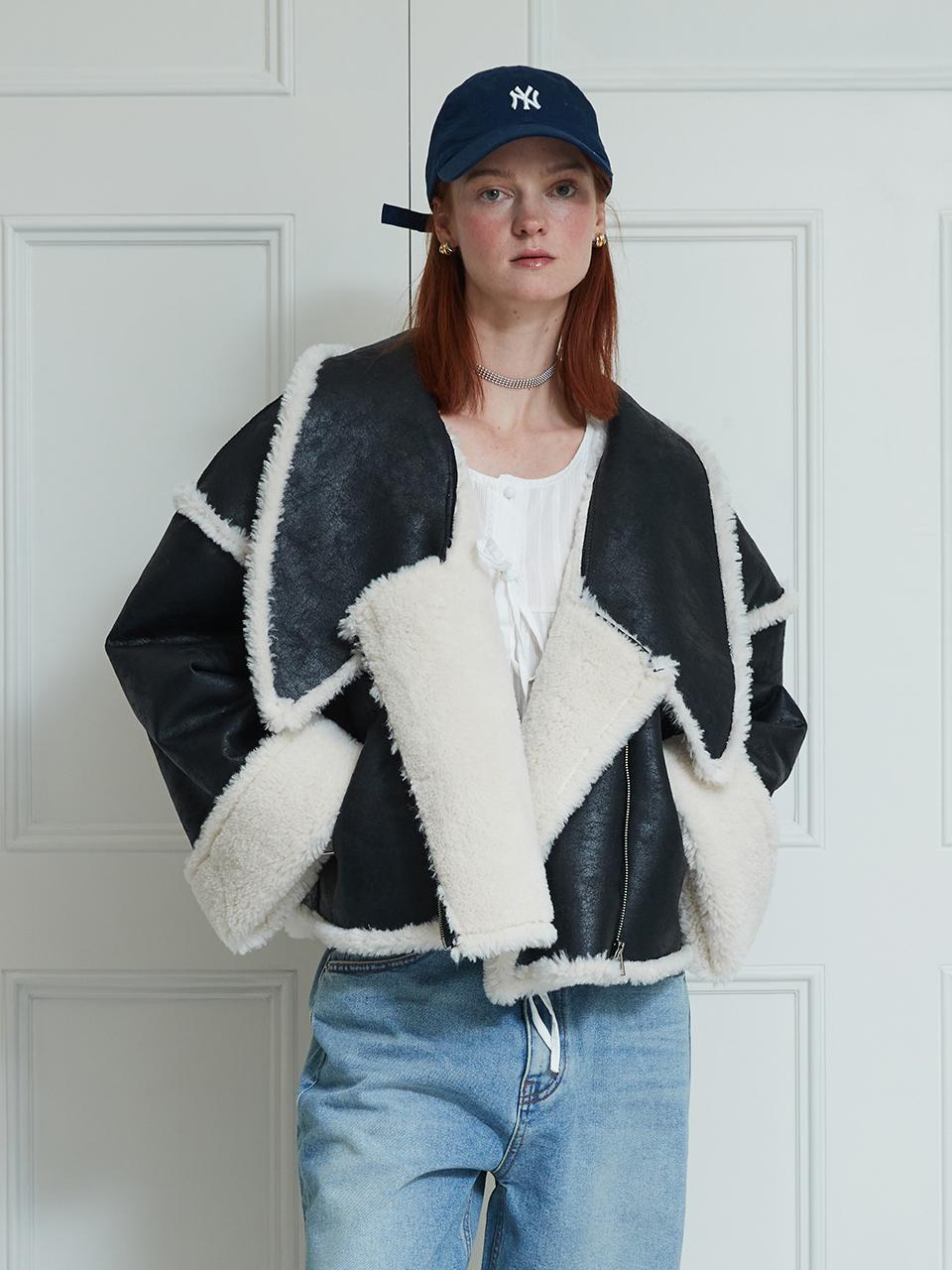 DEW E DEW E Wide Collar Fur Crop Jacket [Black]