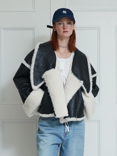 DEW E DEW E Wide Collar Fur Crop Jacket [Black]