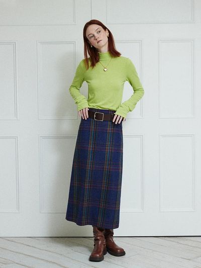 DEW E DEW E Wool Check H-Line Skirt [Blue]