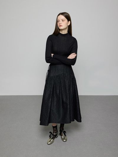 DEWL Ribbon Detail Flare Embossed Skirt [BK] (D251MSD006)