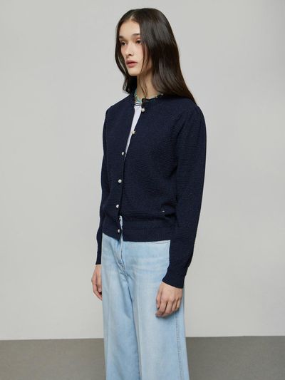 DEWL Ruffle Neck Pearl Button Knit Cardigan [NY] (D252KSL036)