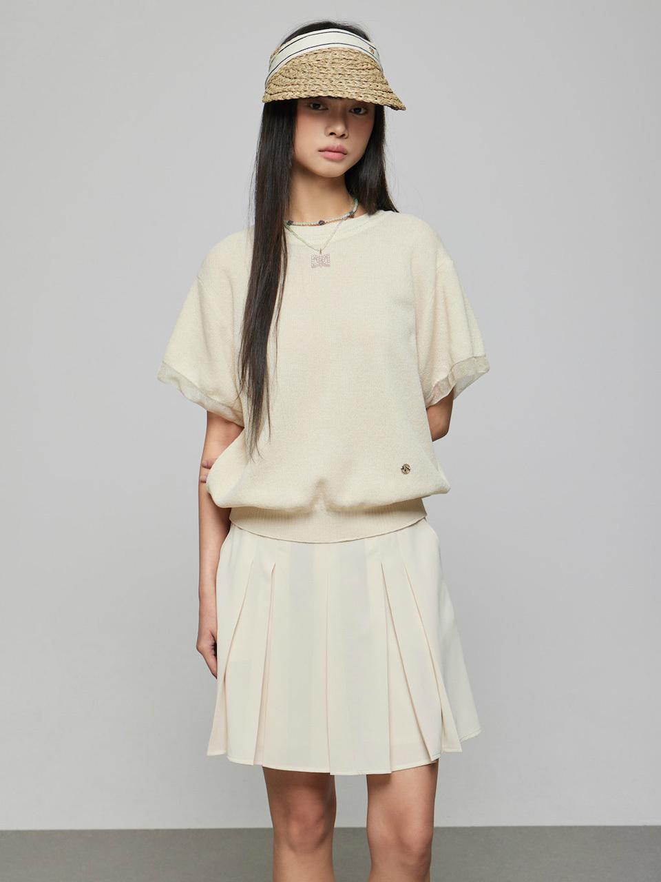 DEWL See-through Contrast Sleeve Pullover Sweater (D252KSK233)