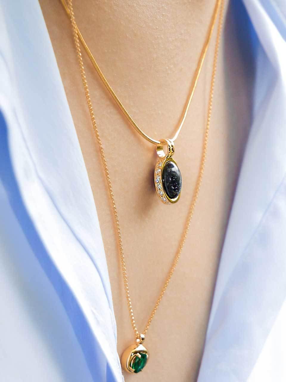 dfarbe 925 Silver 18K Gold Double-Sided Natural Gemstone Necklace [Black/Blue]
