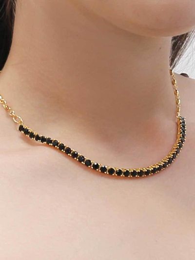 dfarbe 925 Silver 18K Gold Half Tennis Chain Necklace [Black]