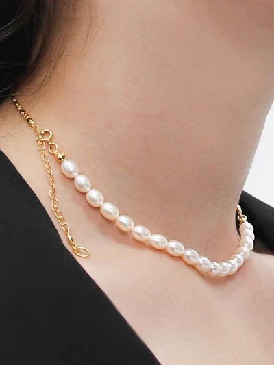 dfarbe 925 Silver 18K Gold Natural Pearl Symbol Chain Necklace [Beige]