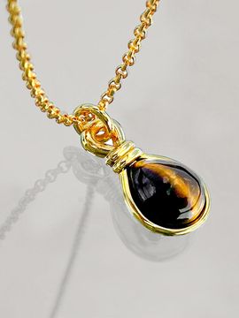 dfarbe 925 Silver 18K Gold Pear-Cut Tiger's Eye Pendant Necklace [Brown]