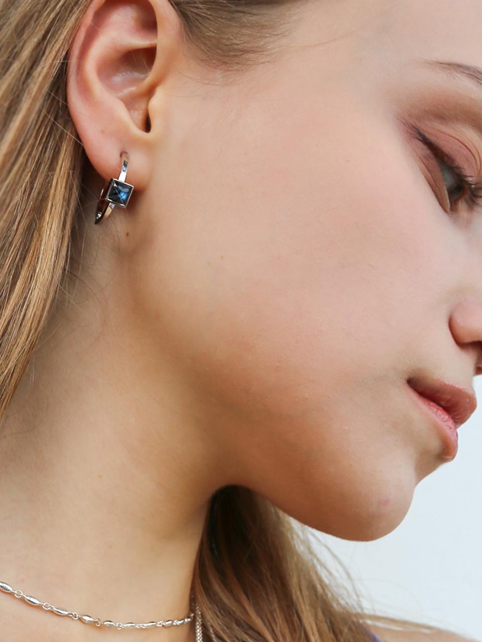 dfarbe 925 Silver Double Line Labradorite Stone Hoop Earrings