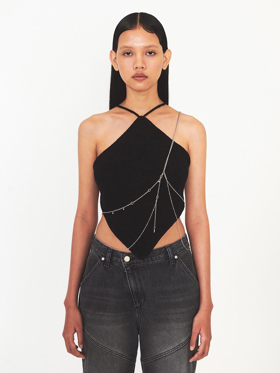 DIAGONAL Back Strap Diamond Knit Top_Black