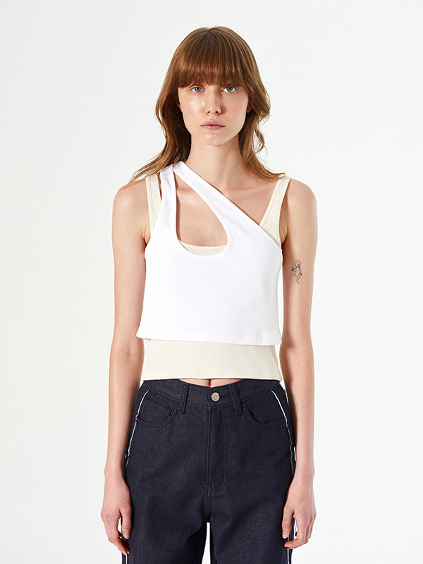 DIAGONAL Double Layered Sleeveless Top _ White