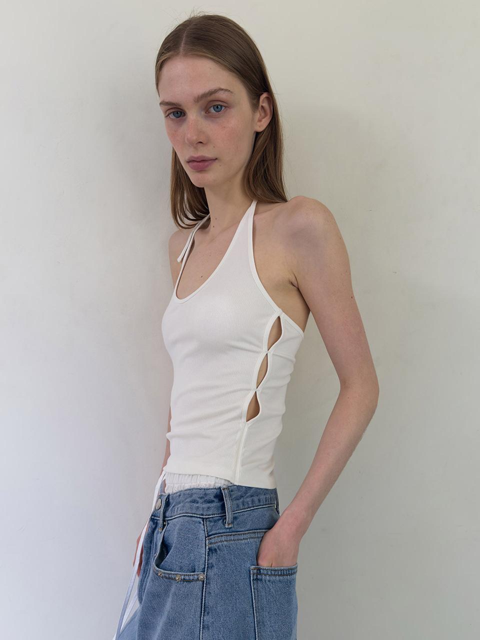 DIAGONAL HOLE HALTER NECK TOP [WHITE]