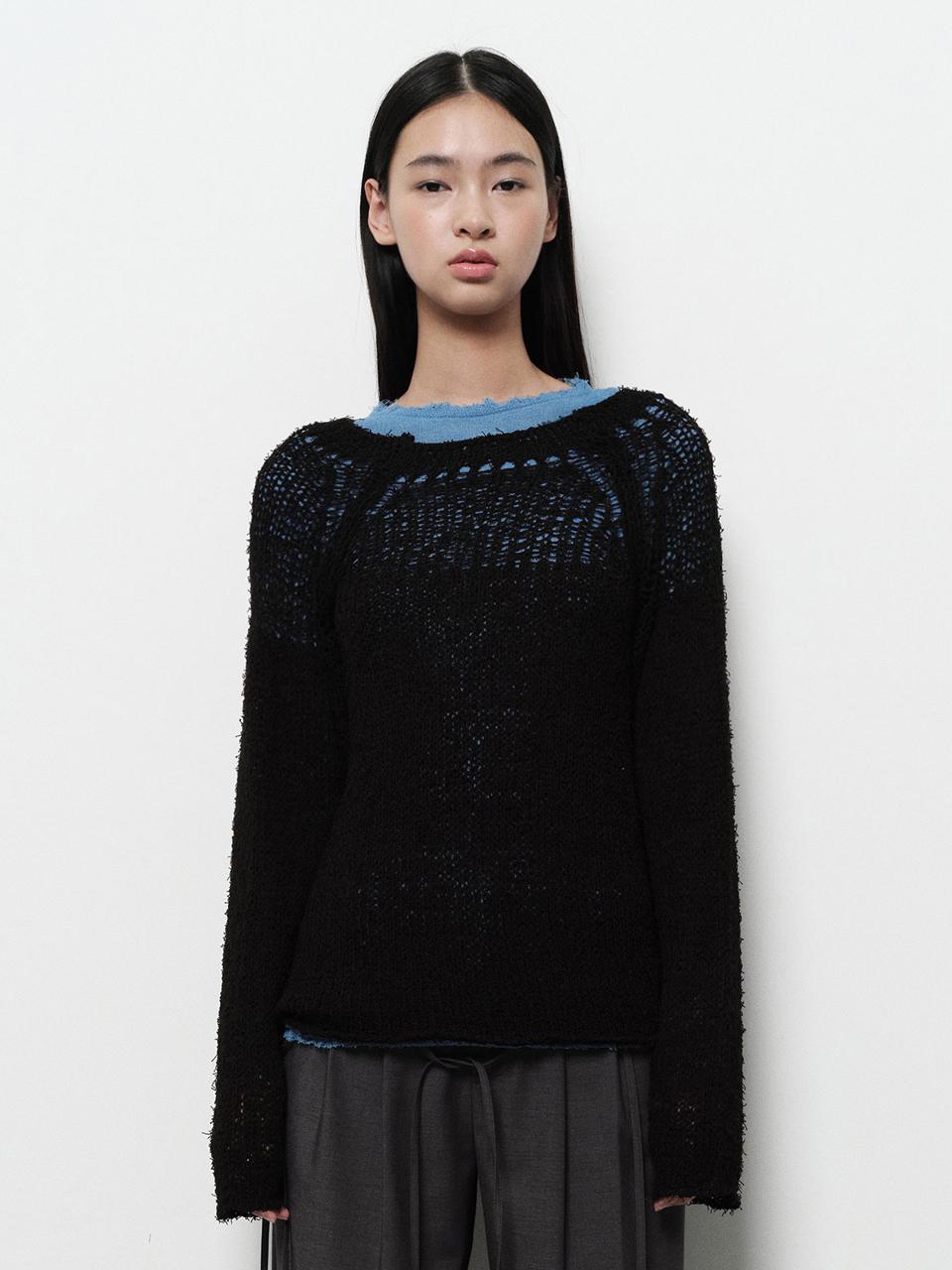 DIAGONAL NETTING MIXED KNIT SWEATER (black)