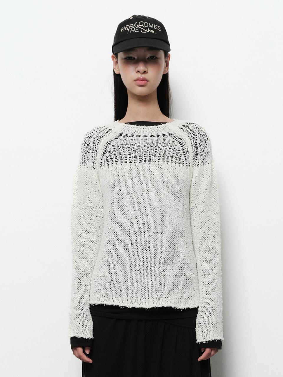 DIAGONAL NETTING MIXED KNIT SWEATER [WHITE]