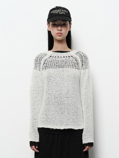 DIAGONAL NETTING MIXED KNIT SWEATER [WHITE]