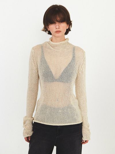 DIAGONAL Polo Neck Netting Knit Top_Beige