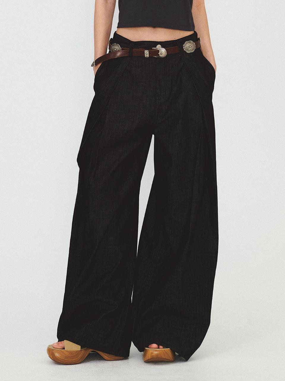DIAGONAL Relaxed Wide Denim Pants_Black