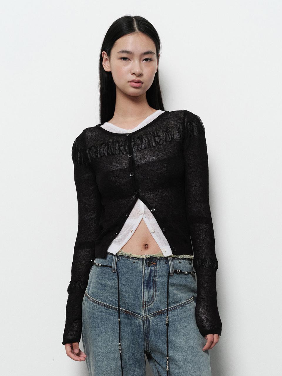 DIAGONAL See Through Shirring Cardigan [Black]
