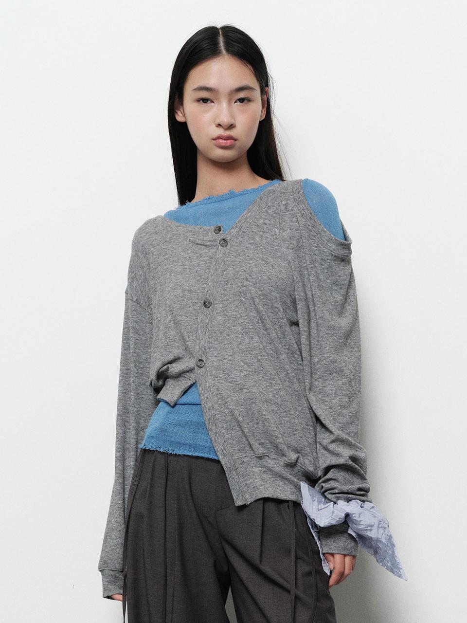 DIAGONAL UNBALANCE HOLE SLEEVE TEE [melange grey]