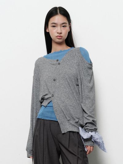 DIAGONAL UNBALANCE HOLE SLEEVE TEE [melange grey]