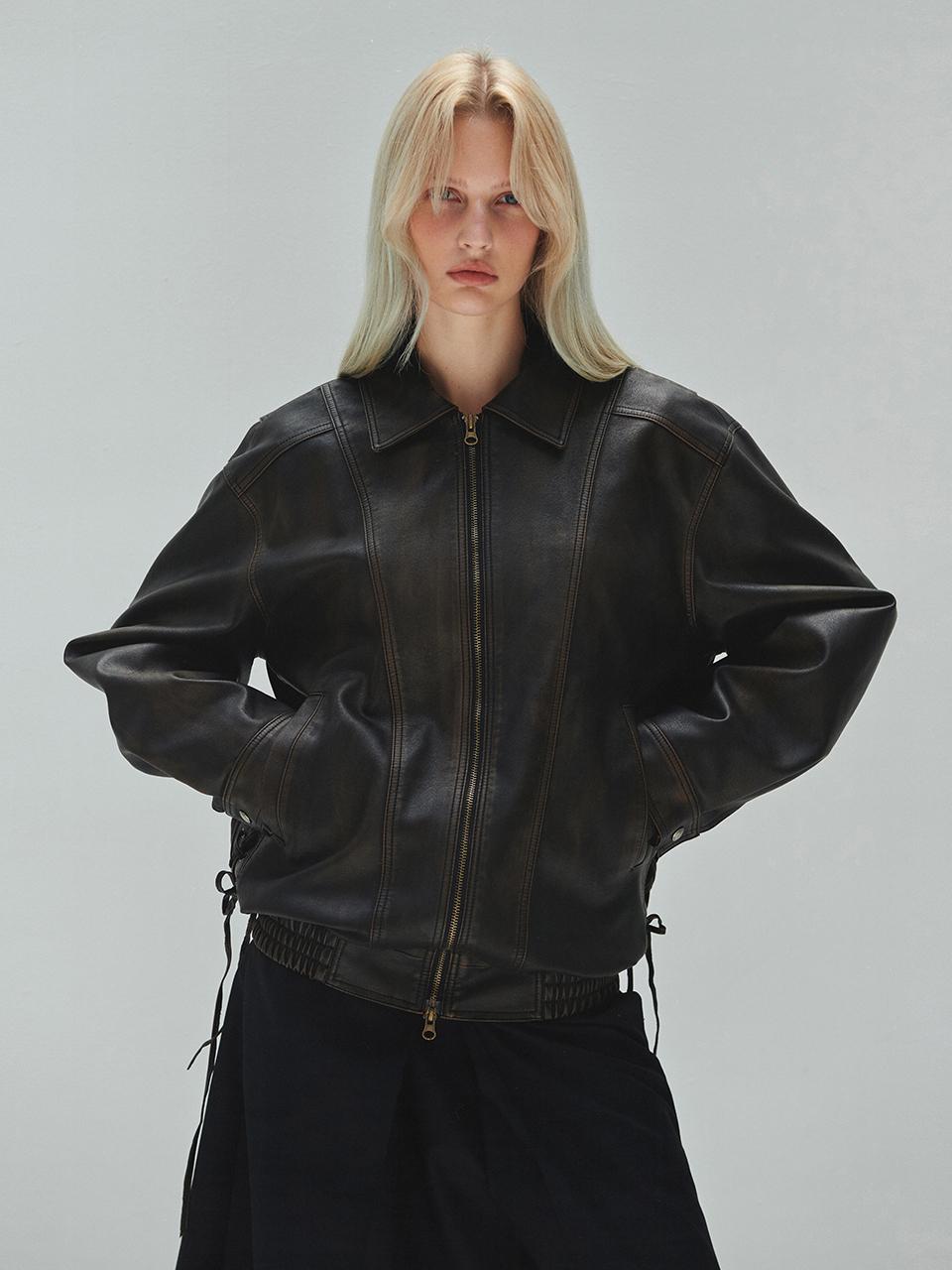 DIAGONAL WASHED LEATHER BLOUSON (brown)