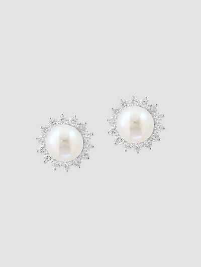 Diamonds with Pearl Women's 18K White Gold, Freshwater Pearl & 0.96 TCW Diamond Halo Stud Earrings