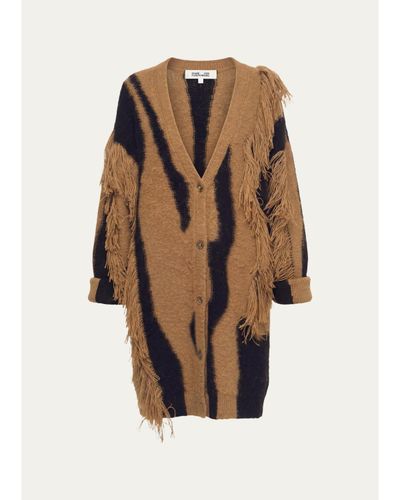 Diane von Furstenberg Leone Fringed Abstract Intarsia Cardigan