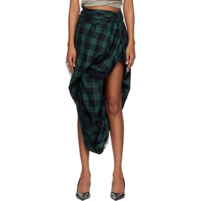 Diesel Diesel Green & Navy Lace Trim Draped Tartan Midi Skirt