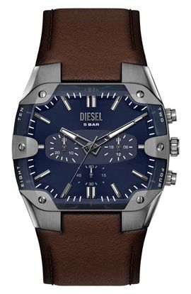 DIESEL® DIESEL® Spiked Cushion Chronograph Leather Strap Watch, 44mm