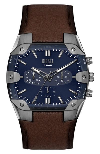 DIESEL® DIESEL® Spiked Cushion Chronograph Leather Strap Watch, 44mm